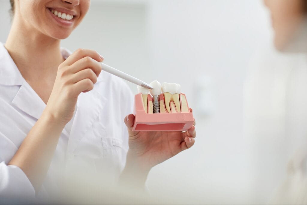 Smiling dental professional holding a cross-section model of teeth and pointing to a dental implant with a pen during a patient consultation.